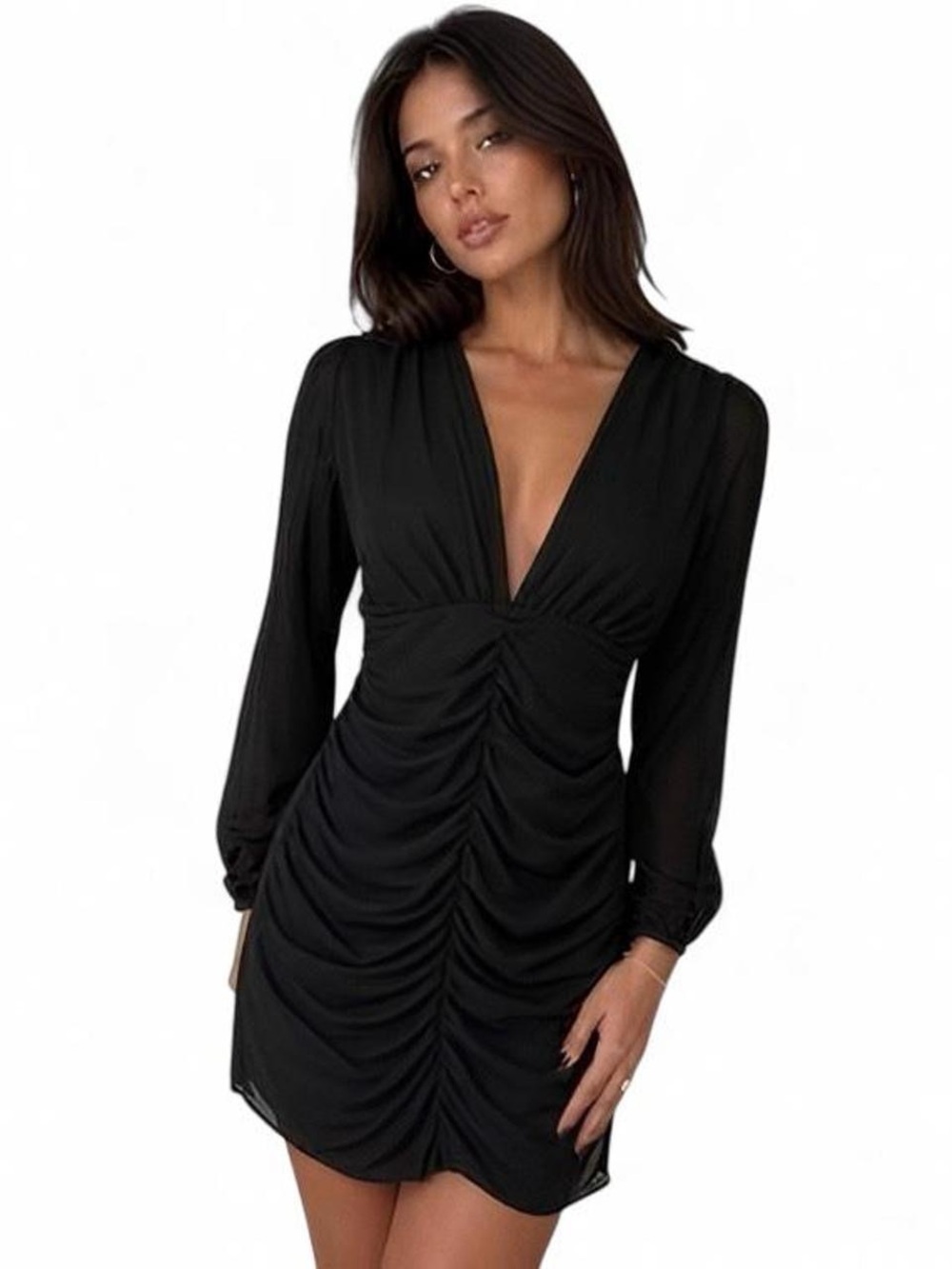 Stella Luce Black Ruched Deep V Mini Dress